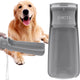 Grey 19 oz Soicta portable dog water bottle held next to a Golden Retriever