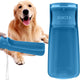 Indigo blue 19 oz Soicta portable dog water bottle held in front of a Golden Retriever