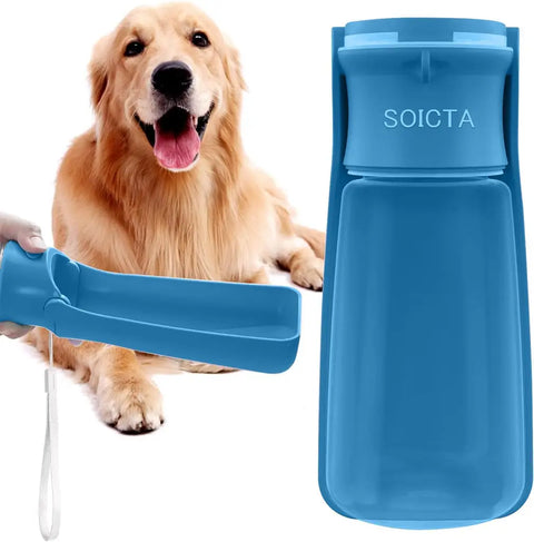 Indigo blue 19 oz Soicta portable dog water bottle held in front of a Golden Retriever