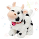 Interactive black and white spotted plush cow electronic toy with a red collar and pink bell