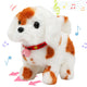 White and brown spotted interactive plush puppy dog toy with a red collar and pink bell