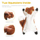 Plush fox dog toy demonstrating dual squeakers located in the head and belly to attract pets and encourage play.