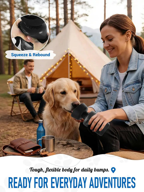 Woman squeezing a flexible, squeeze-and-rebound dog water bottle for her golden retriever