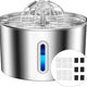 Stainless steel pet water fountain with 6 filter options on a white background