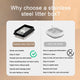 Comparison chart showing the benefits of a stainless steel litter pan versus traditional plastic litter boxes highlighting durability and odor control.