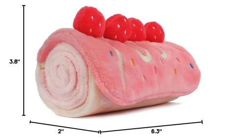 Side profile measurement view of the strawberry roll cake plush dog toy.