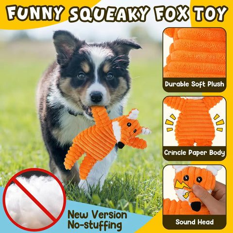 A puppy happily carrying an orange fox squeaky toy. The infographic highlights features like a stuffing-free design, durable soft plush, crinkle paper body, and a built-in squeaker.