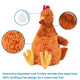 Infographic diagram highlighting the stuffing-free, crinkle fabric, and dual squeakers features of the chicken dog toy