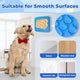 Infographic demonstrating suction cup dog lick mat sticking to smooth surfaces like glass, wooden walls, ceramic tiles, and refrigerator doors.