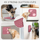 Collage demonstrating a pink suction cup dog lick mat sticking firmly to floors, walls, and glass surfaces.