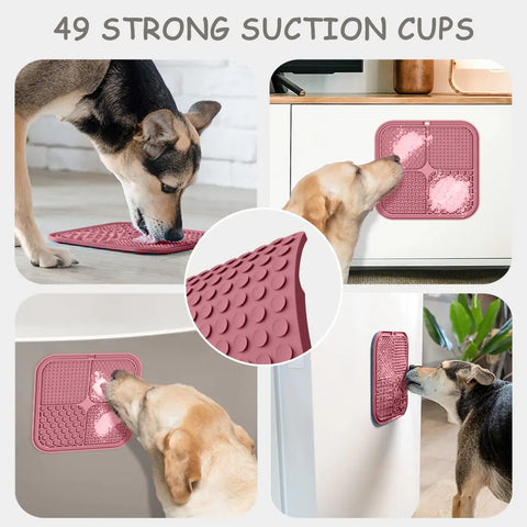 Collage demonstrating a pink suction cup dog lick mat sticking firmly to floors, walls, and glass surfaces.