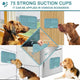 Dog licking mat with 75 strong suction cups mounted vertically on tile, glass, hardwood, and refrigerator surfaces.