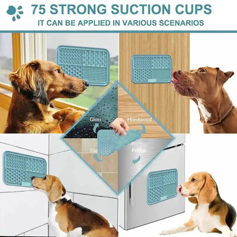 Dog licking mat with 75 strong suction cups mounted vertically on tile, glass, hardwood, and refrigerator surfaces.