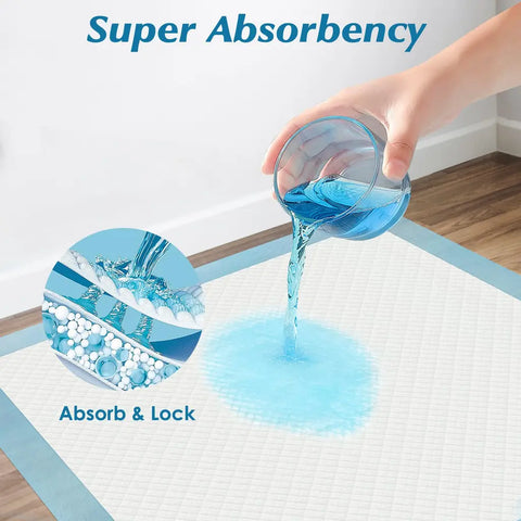 Pouring liquid onto a super absorbent disposable underpad with core polymer lock technology demonstration.