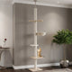 Tall floor-to-ceiling cat tower with scratching posts and a cat climbing in a living room setting