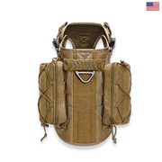 Tan tactical vest with multiple pockets and straps on a white background