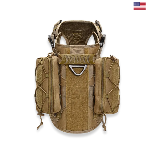 Tan tactical vest with multiple pockets and straps on a white background