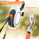 Close-up of a retractable dog leash featuring a U-shape tape guidance outlet and a 360-degree tangle-free swivel metal clip.