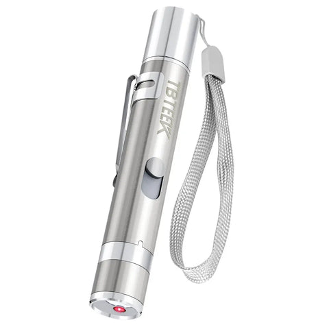 Single silver TBTEEK interactive laser pointer pen for pets with attached silver wrist strap