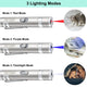 Infographic demonstrating 3 lighting modes: red laser beam, purple light UV detector, and LED flashlight mode