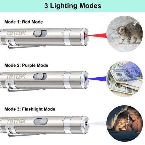 Infographic demonstrating 3 lighting modes: red laser beam, purple light UV detector, and LED flashlight mode