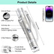 Diagram detailing TBTEEK cat laser pointer dimensions, USB port, clip, slide button, gear, and light modes