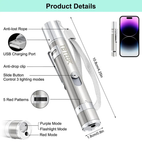 Diagram detailing TBTEEK cat laser pointer dimensions, USB port, clip, slide button, gear, and light modes