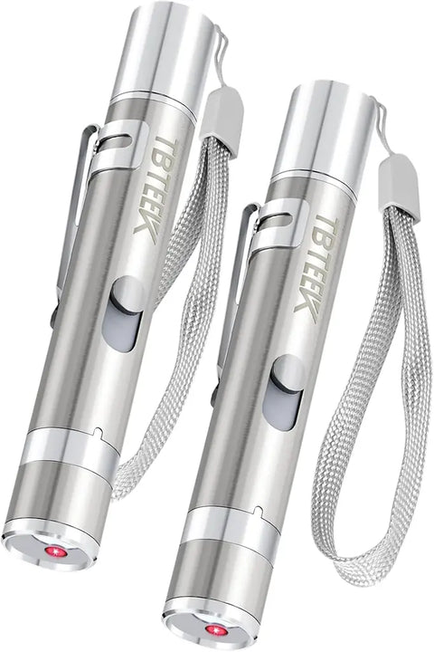 Set of 2 silver stainless steel TBTEEK laser pointer pens for cats with wrist lanyards and pocket clips