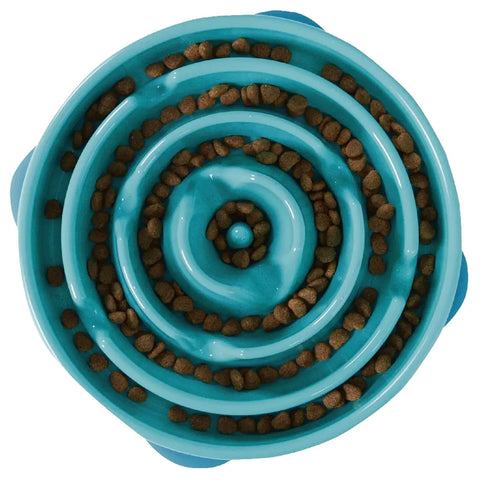 spiral maze slow feeder bowl for dogs filled with dry food.