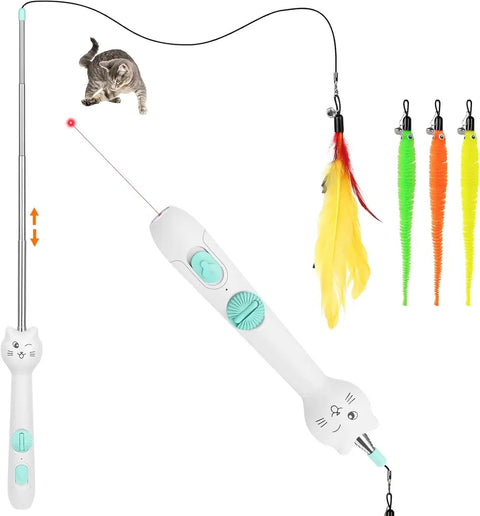 Extendable white cat wand toy with built-in laser pointer, feather attachment, and worm replacements