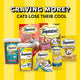 A collection of Temptations cat products including Meaty Bites, ShakeUps, Purrrr-ee, Lickable Spoons, and Tender Fills.