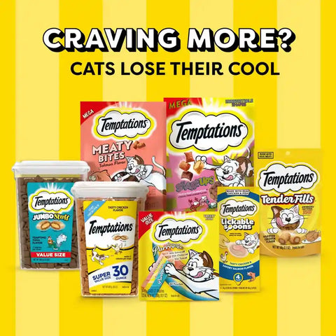 A collection of Temptations cat products including Meaty Bites, ShakeUps, Purrrr-ee, Lickable Spoons, and Tender Fills.