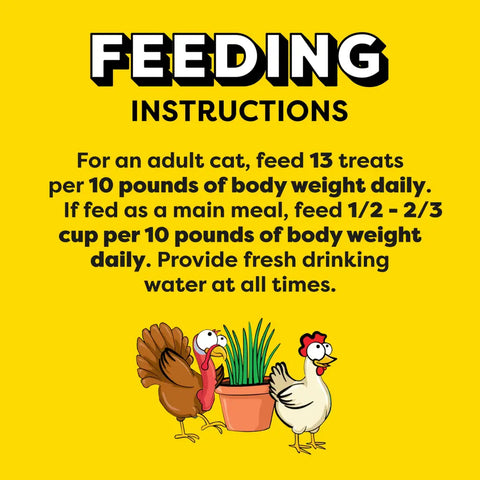 Official feeding instructions for Temptations cat treats recommending 13 treats daily per 10 pounds of body weight.