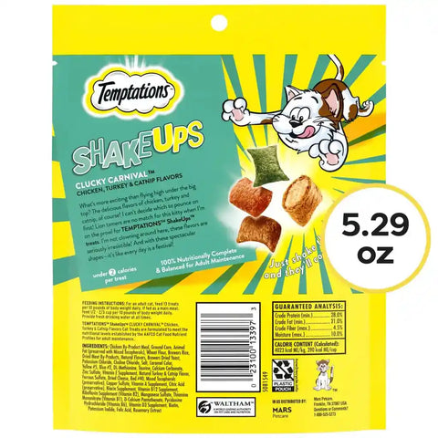 Back of Temptations ShakeUps Clucky Carnival packaging showing 5.29oz weight, feeding instructions, and guaranteed analysis.
