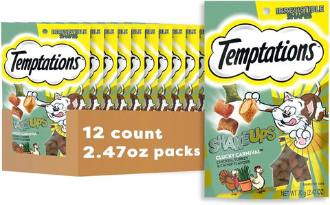 Wholesale 12 count box of Temptations ShakeUps Clucky Carnival cat treats, 2.47oz individual packs.