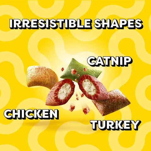 Close up of Temptations ShakeUps irresistible kibble shapes in chicken, catnip, and turkey flavors.