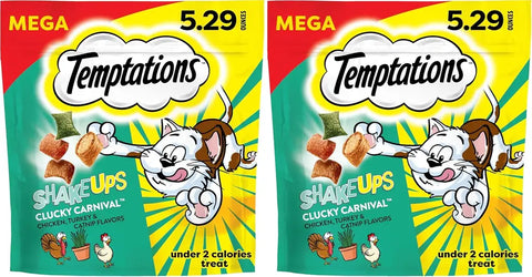 Front view of two Temptations ShakeUps Clucky Carnival Mega 5.29 ounce bags.