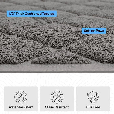 Macro view of 1/3-inch thick mesh mesh coils with water-resistant, stain-resistant, and BPA-free feature icons