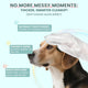 Product infographic showing a thick deodorizing pet glove wipe being used on a beagle dog