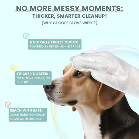 Product infographic showing a thick deodorizing pet glove wipe being used on a beagle dog