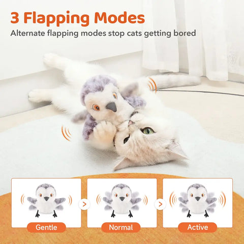 Cat playing with a motion-activated sandpiper toy showing three flapping speed modes: gentle, normal, and active
