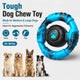Blue ring chew toy for aggressive chewers 20 to 80 lbs featuring Labrador, Golden Retriever, German Shepherd, and Border Collie.