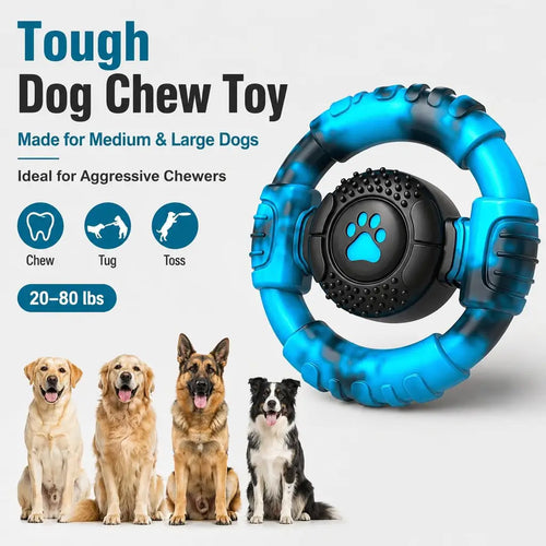 Blue ring chew toy for aggressive chewers 20 to 80 lbs featuring Labrador, Golden Retriever, German Shepherd, and Border Collie.