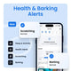 Smartphone displaying Tractive app health monitoring dashboard including sleep tracking, scratching detection, and barking alerts.