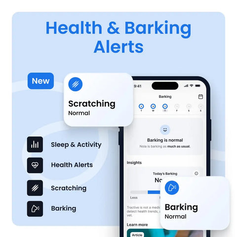 Smartphone displaying Tractive app health monitoring dashboard including sleep tracking, scratching detection, and barking alerts.