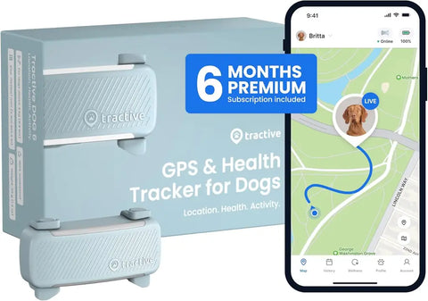 Mint  Tractive GPS and health tracker device showing product box with 6-month subscription offer and live location app interface.