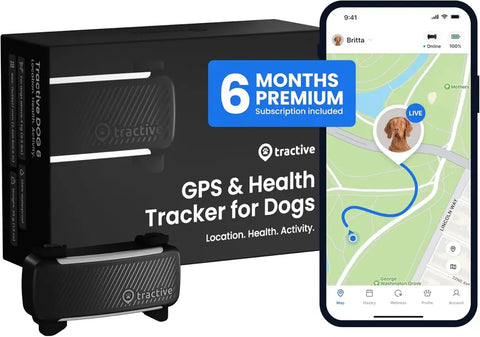 Black Tractive DOG 6 GPS and health tracker device, retail box with 6 months premium subscription, and smartphone map view.