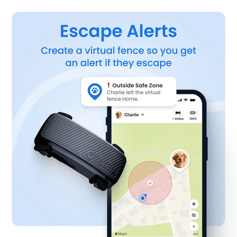 Black Tractive GPS device alongside a smartphone display demonstrating geofence safe zone escape alerts and live map tracking.