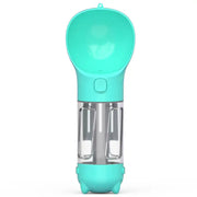 Turquoise all-in-one travel water bottle for pets with clear container