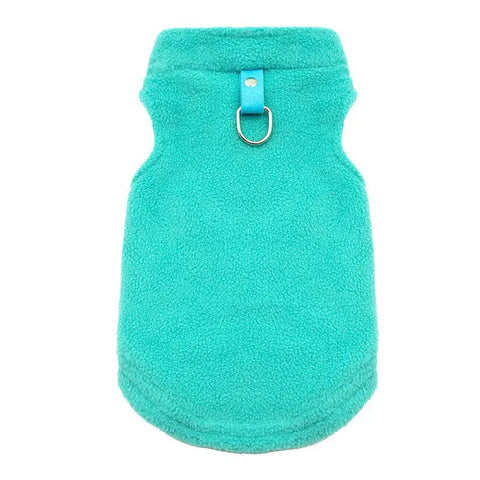 Turquoise fleece dog sweater on a white background